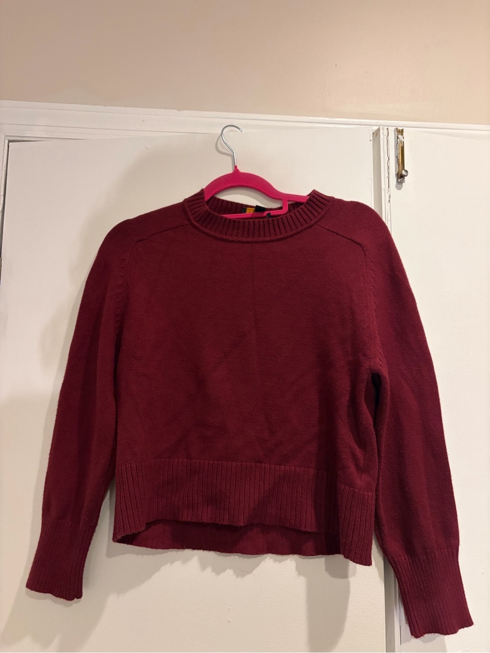 Women's Burgundy Crewneck Sweater - Classic Rib Trim